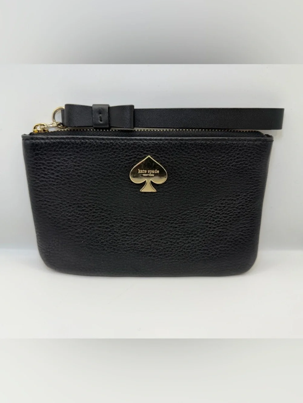 Kate Spade Black Leather Wristlet Bow Strap Gold Spade Logo  GUC